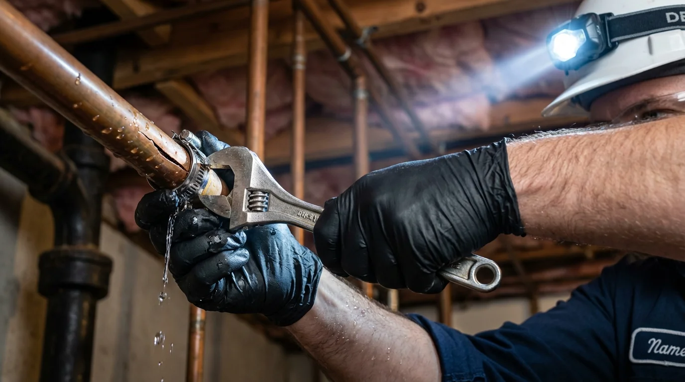 Emergency pipe clamp repair being performed by a Johns Plumbing LLC plumber in Sussex
