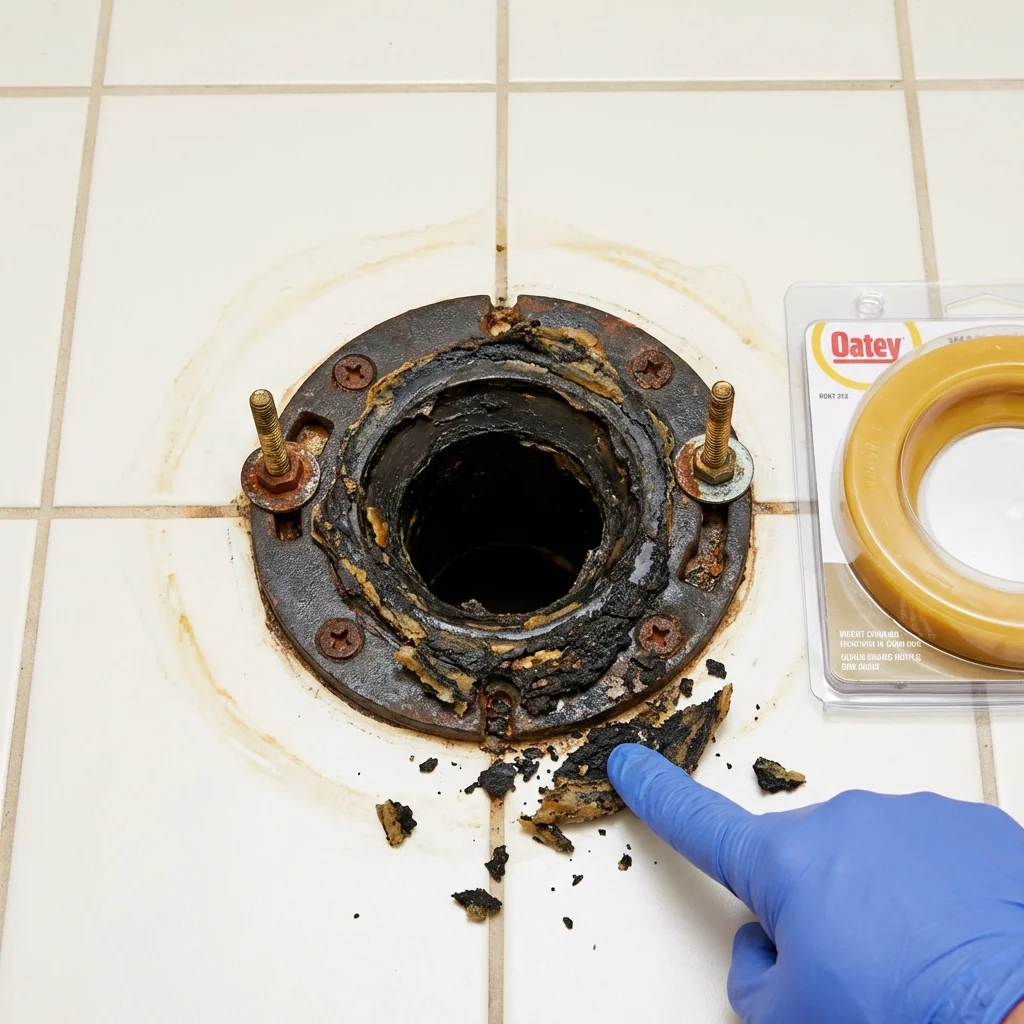Failed wax ring showing water seepage at the base of a toilet in a Sussex, NJ home