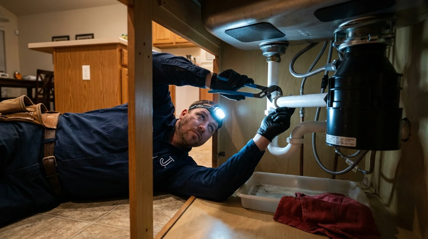 P-trap and supply line connections under a kitchen sink showing a common leak point in Sussex, NJ